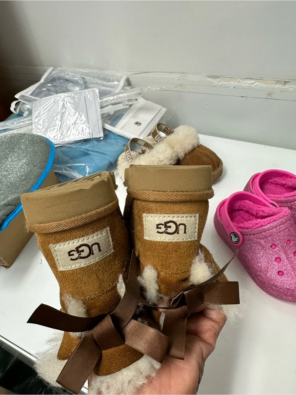 UGG Kids Brown Shearling Boots and Pink Glitter Clogs Set